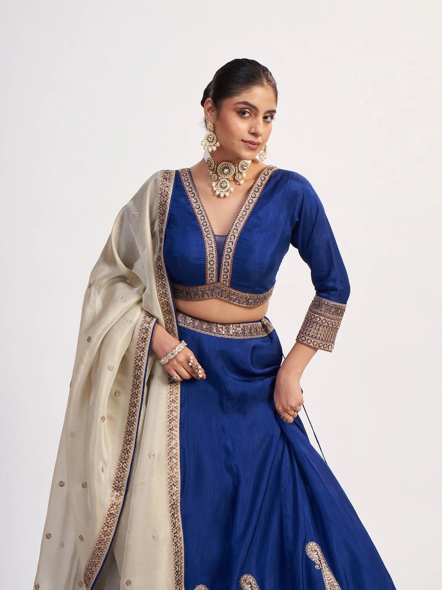 Royal Blue Chinon Threadwork Lehenga