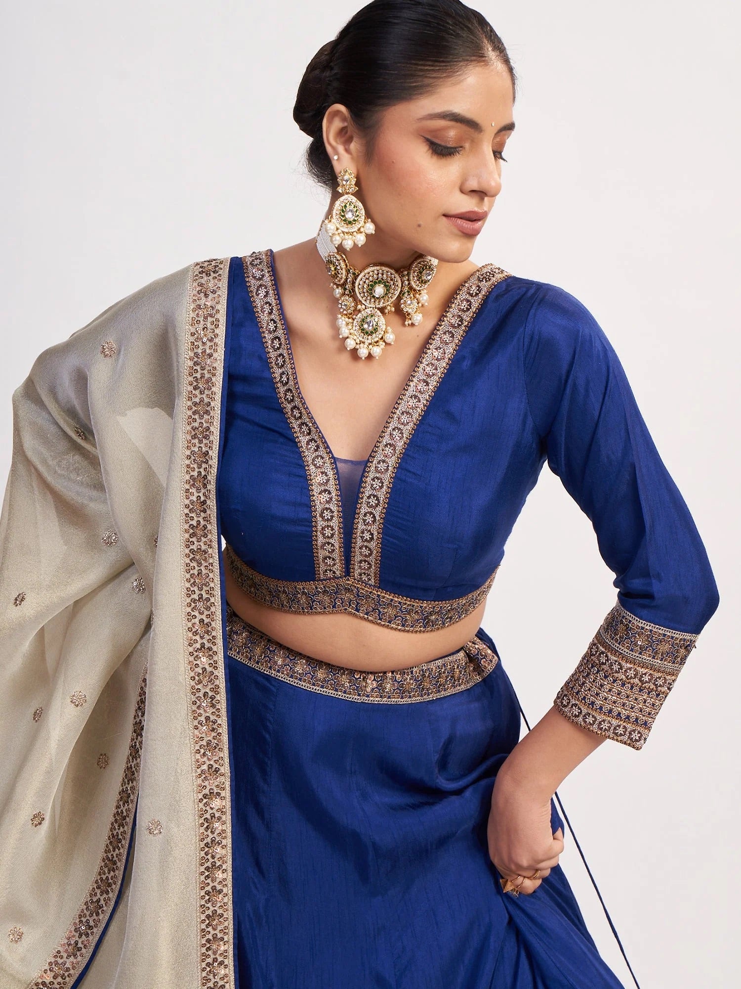 Royal Blue Chinon Threadwork Lehenga