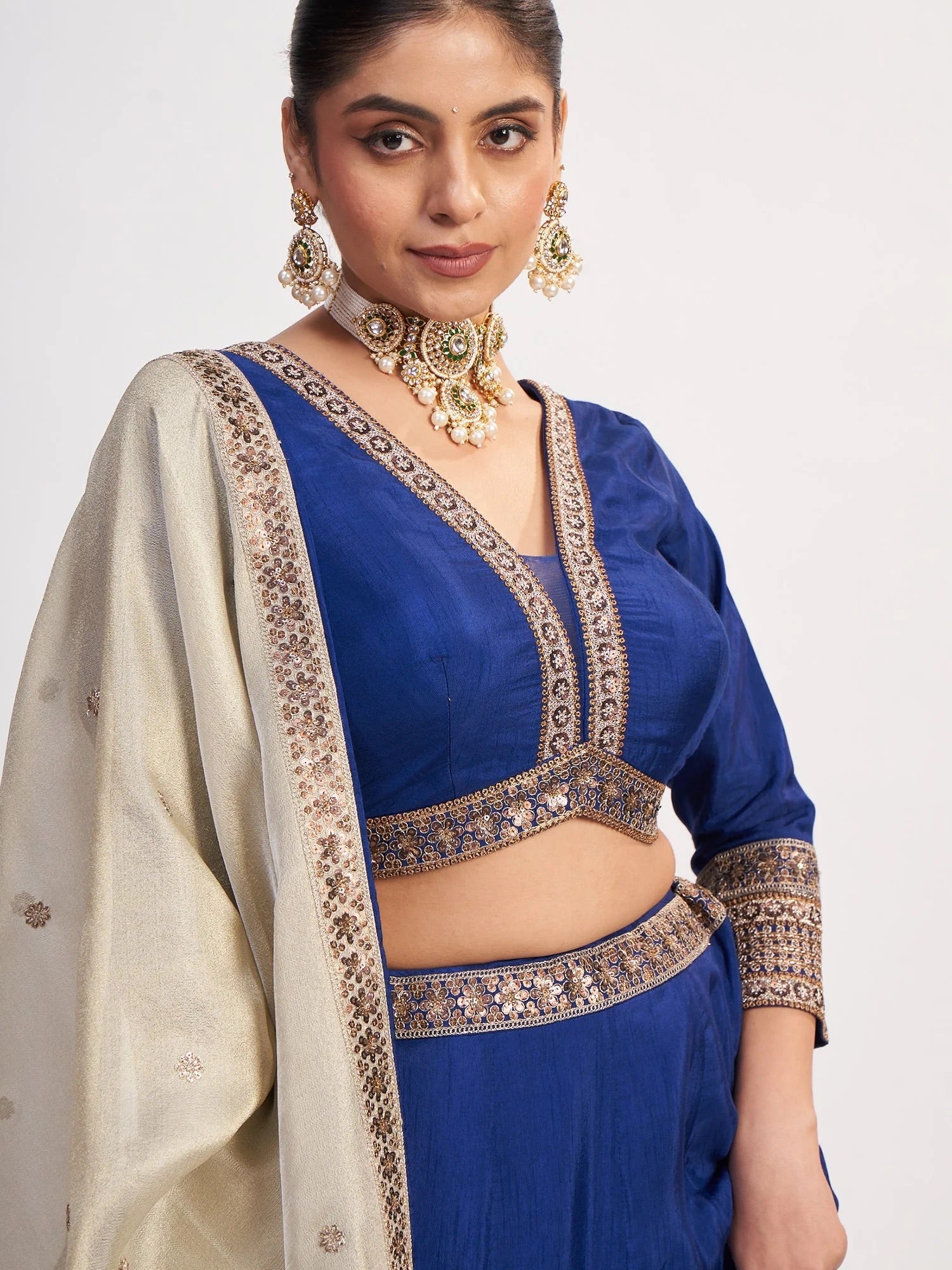 Royal Blue Chinon Threadwork Lehenga