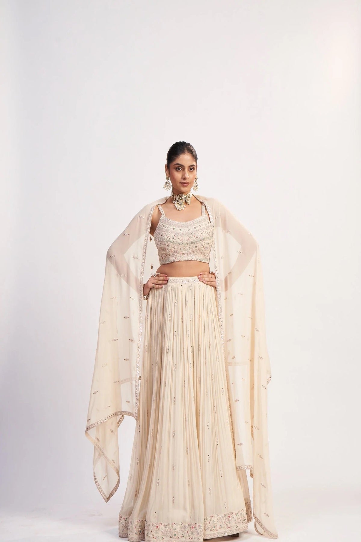 Cream Chinon Beaded Lehenga