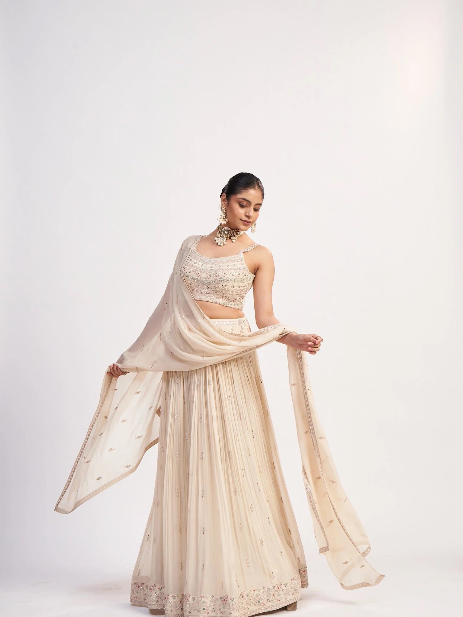 Cream Chinon Beaded Lehenga