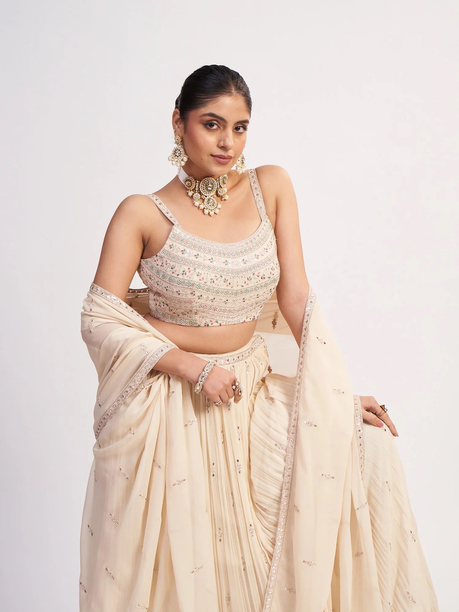 Cream Chinon Beaded Lehenga