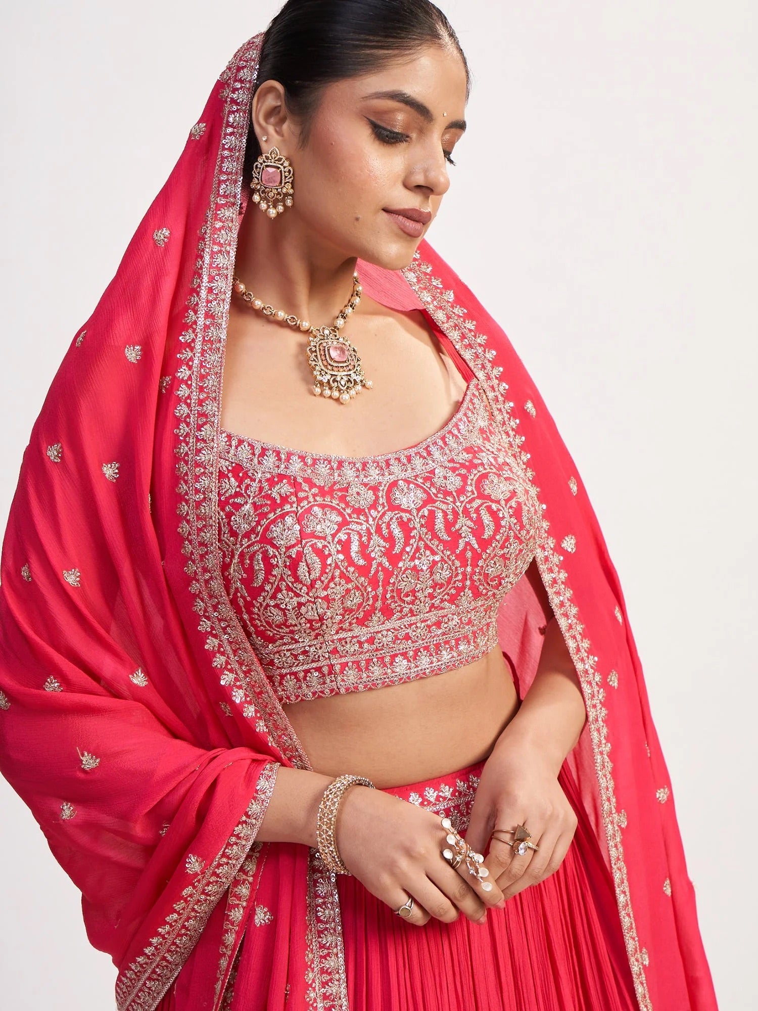 Rose Pink Chinon Lehenga