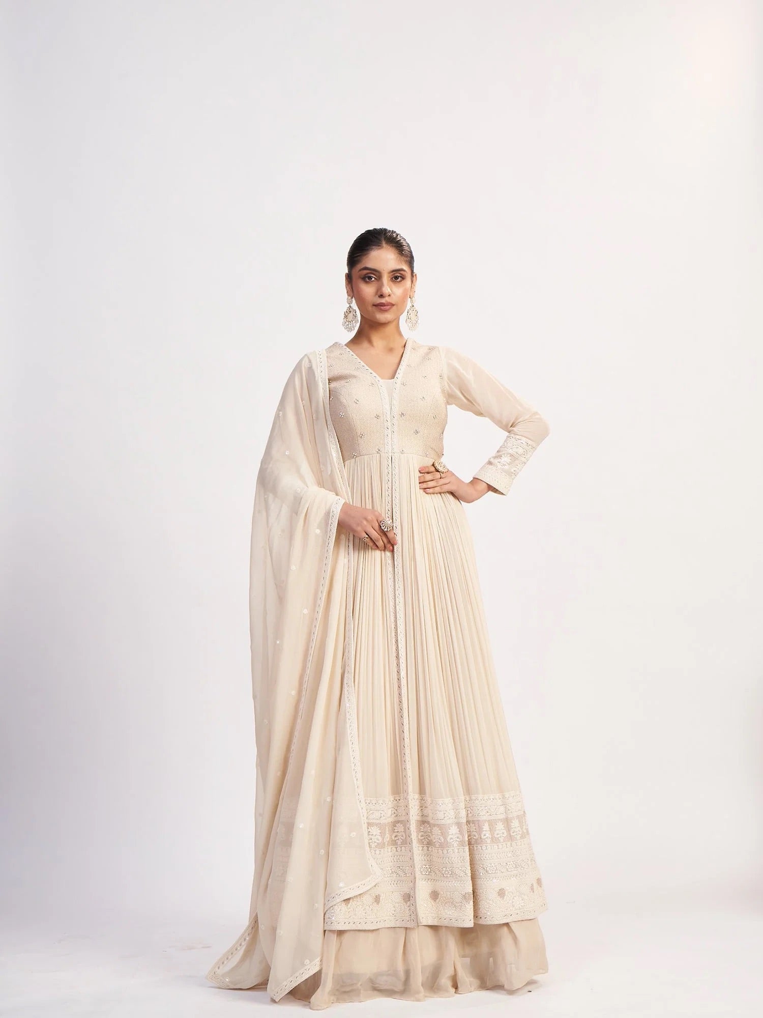 Ivory Chinon Anarkali with Thread Embroidery
