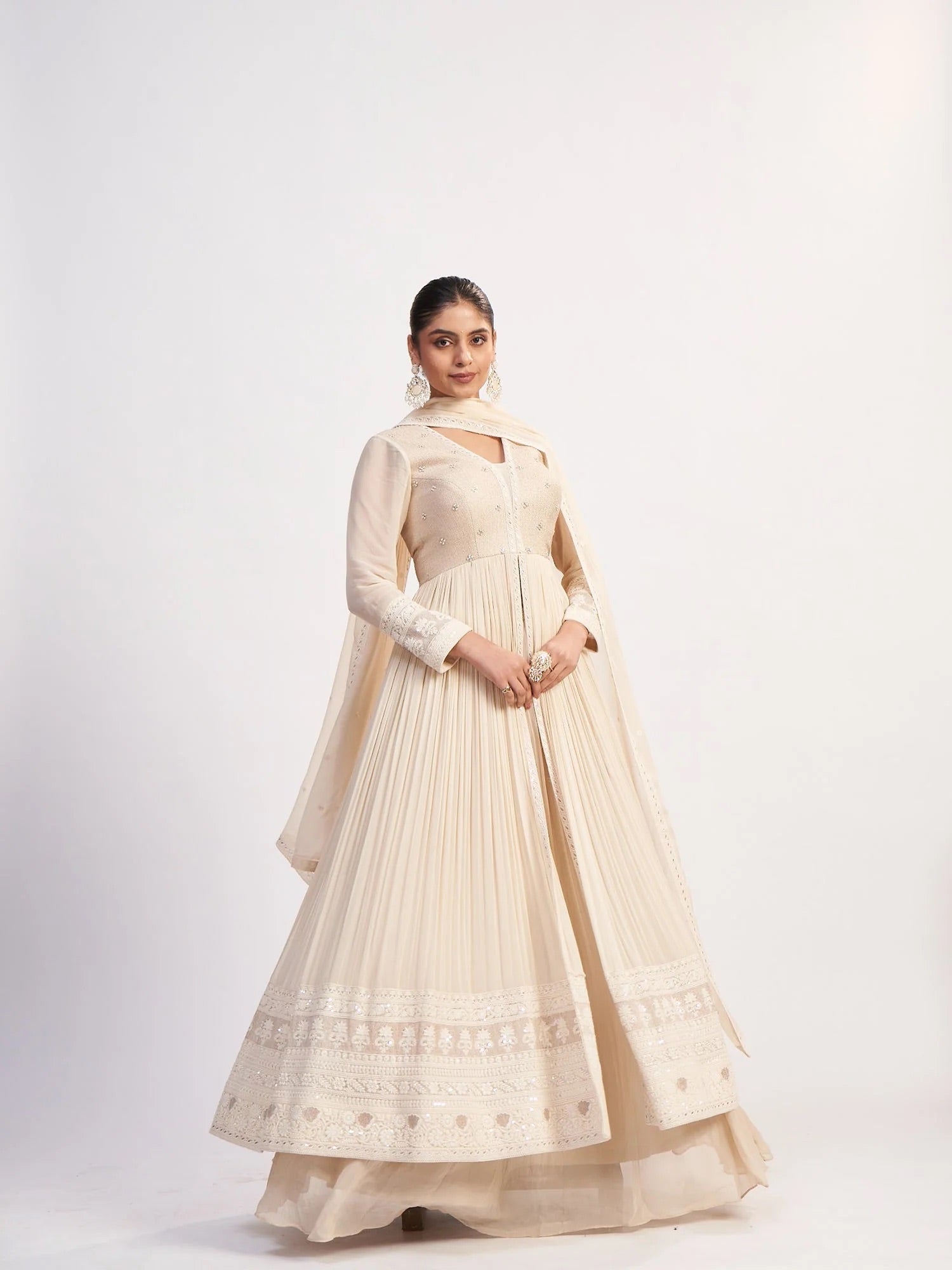 Ivory Chinon Anarkali with Thread Embroidery
