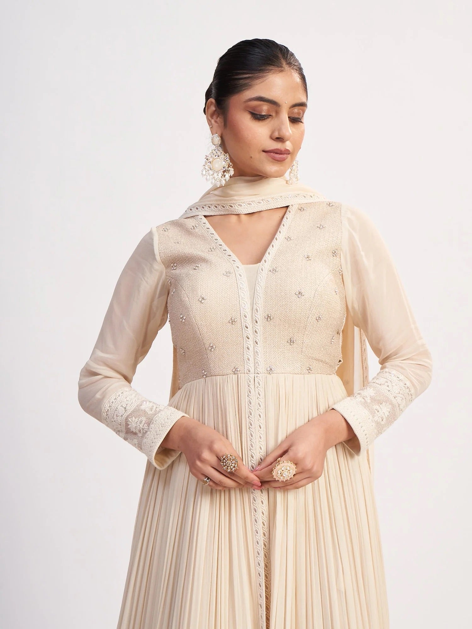 Ivory Chinon Anarkali with Thread Embroidery