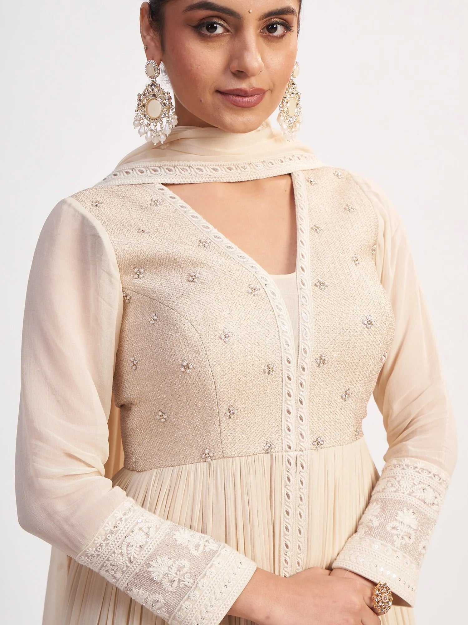 Ivory Chinon Anarkali with Thread Embroidery