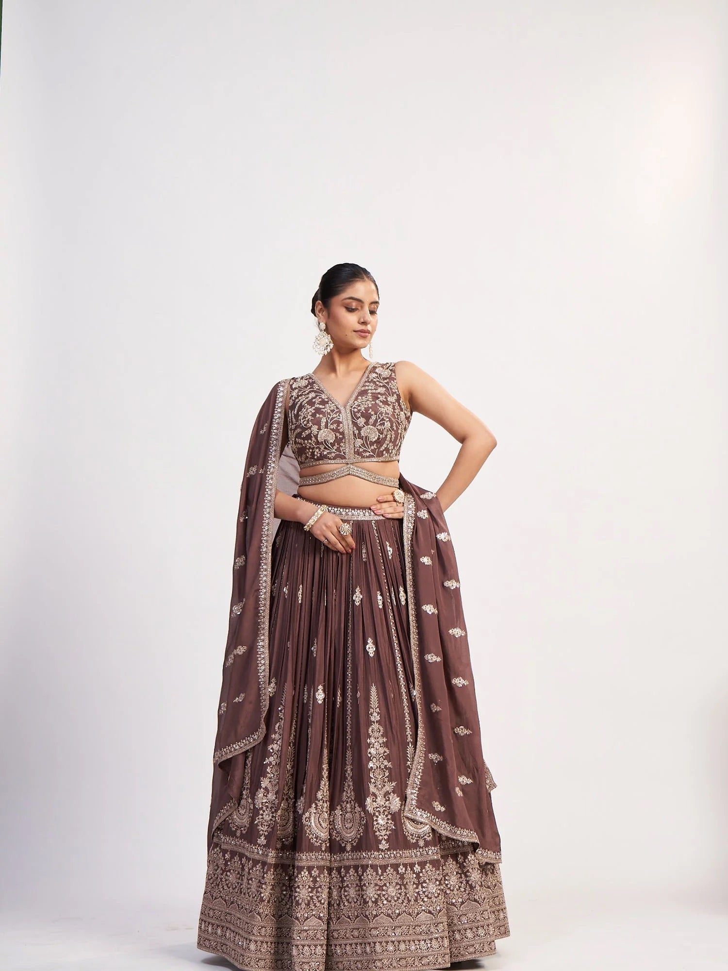 Mocha Brown Embroidered Lehenga