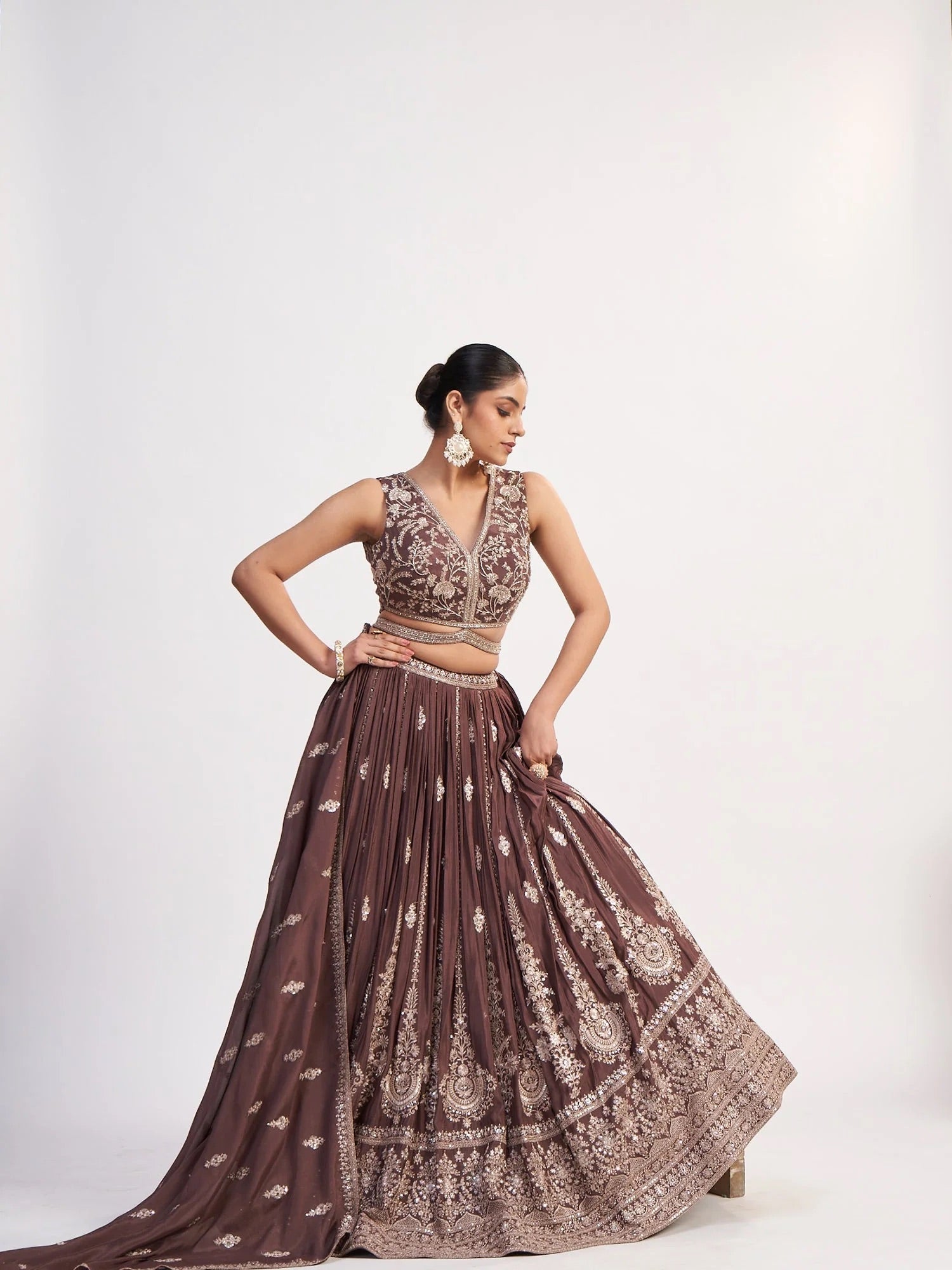Mocha Brown Embroidered Lehenga