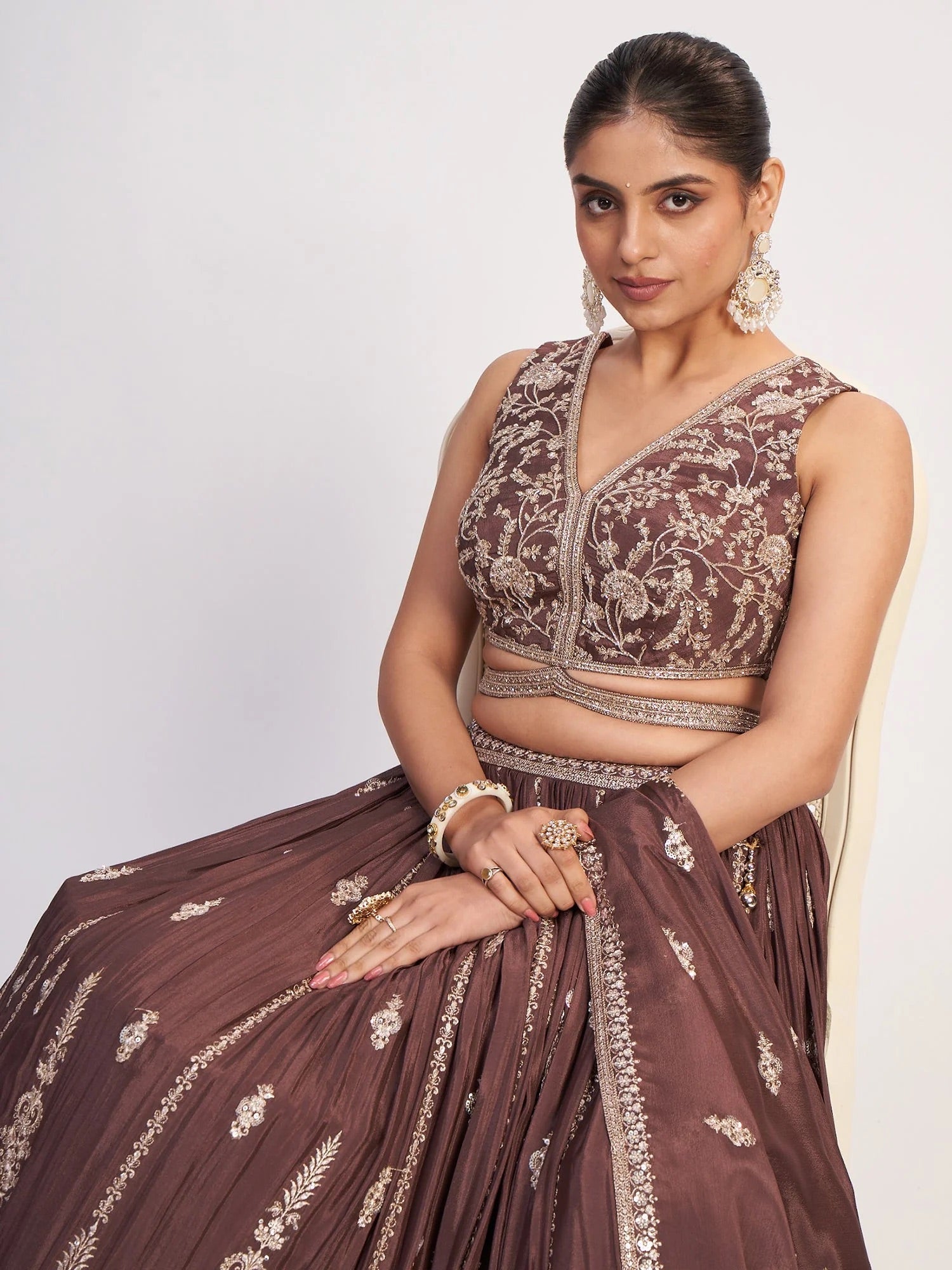 Mocha Brown Embroidered Lehenga
