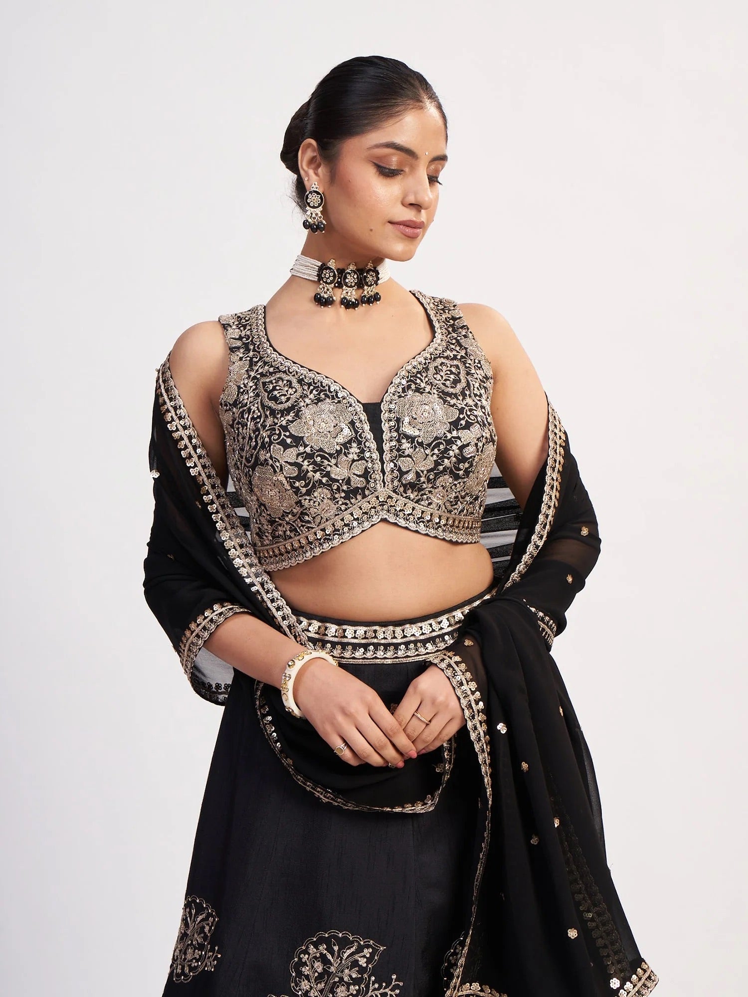 Black Thread & Sequin Embroidered Lehenga Set