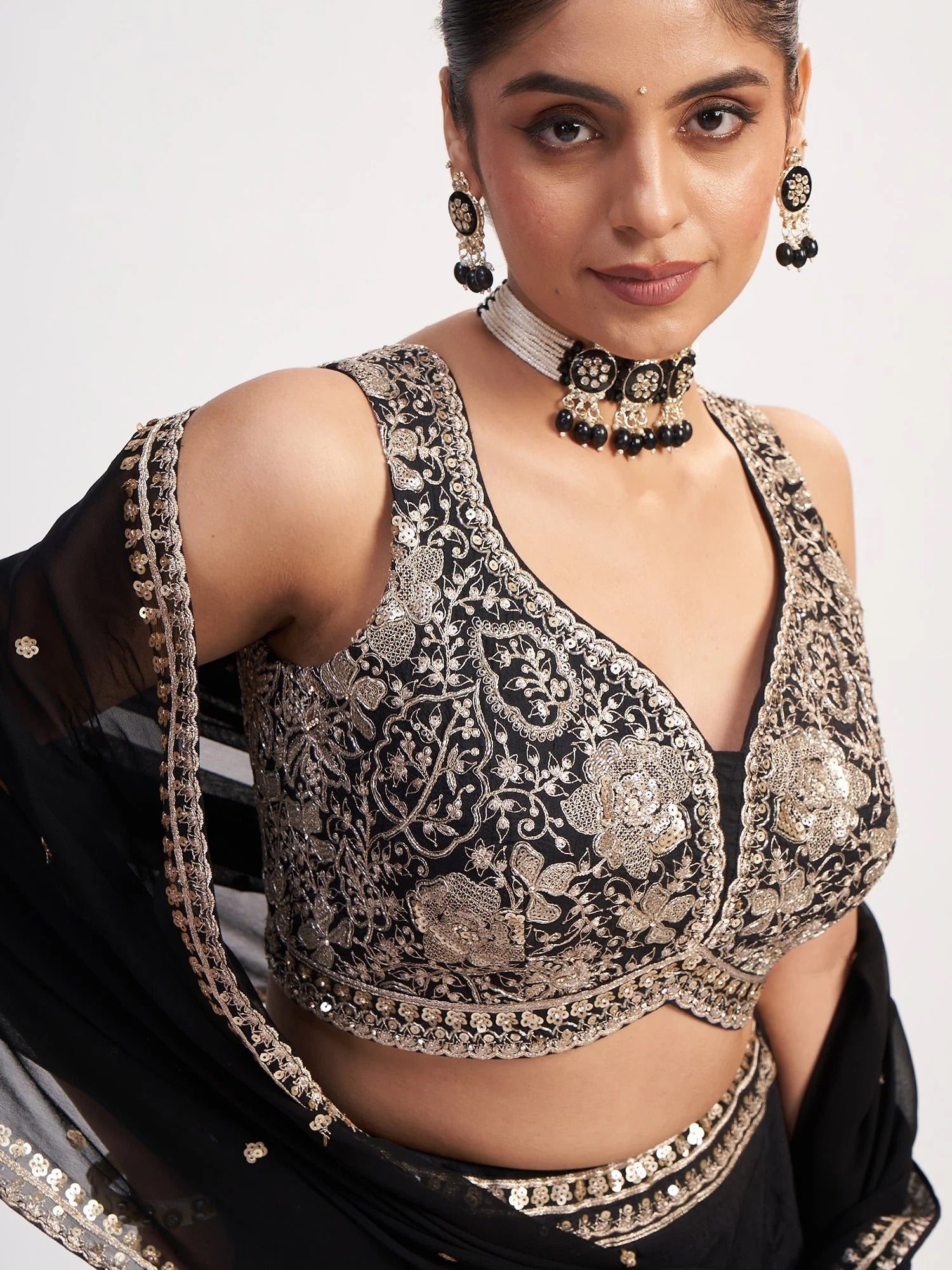 Black Thread & Sequin Embroidered Lehenga Set