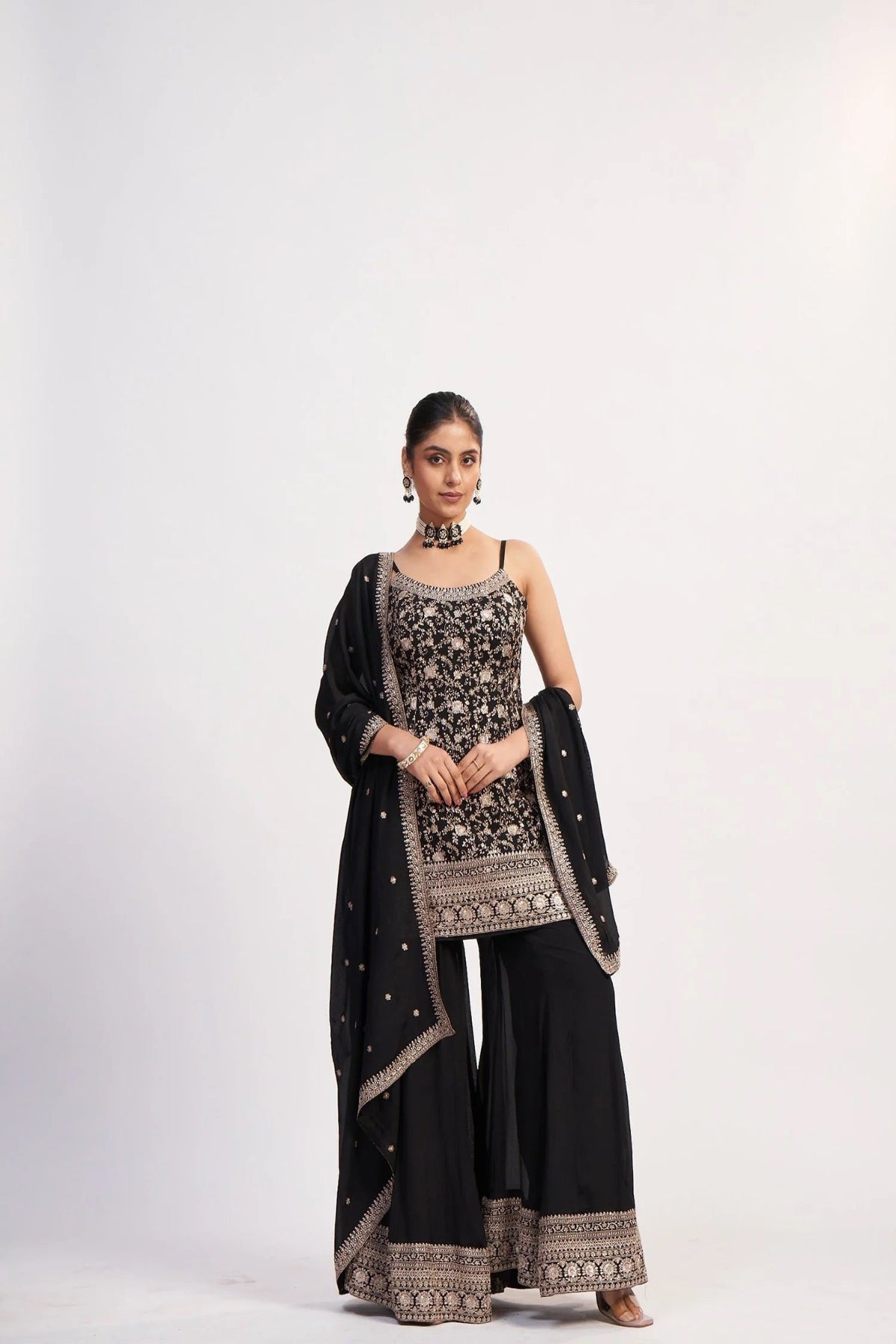 Black Embroidered Sharara Set