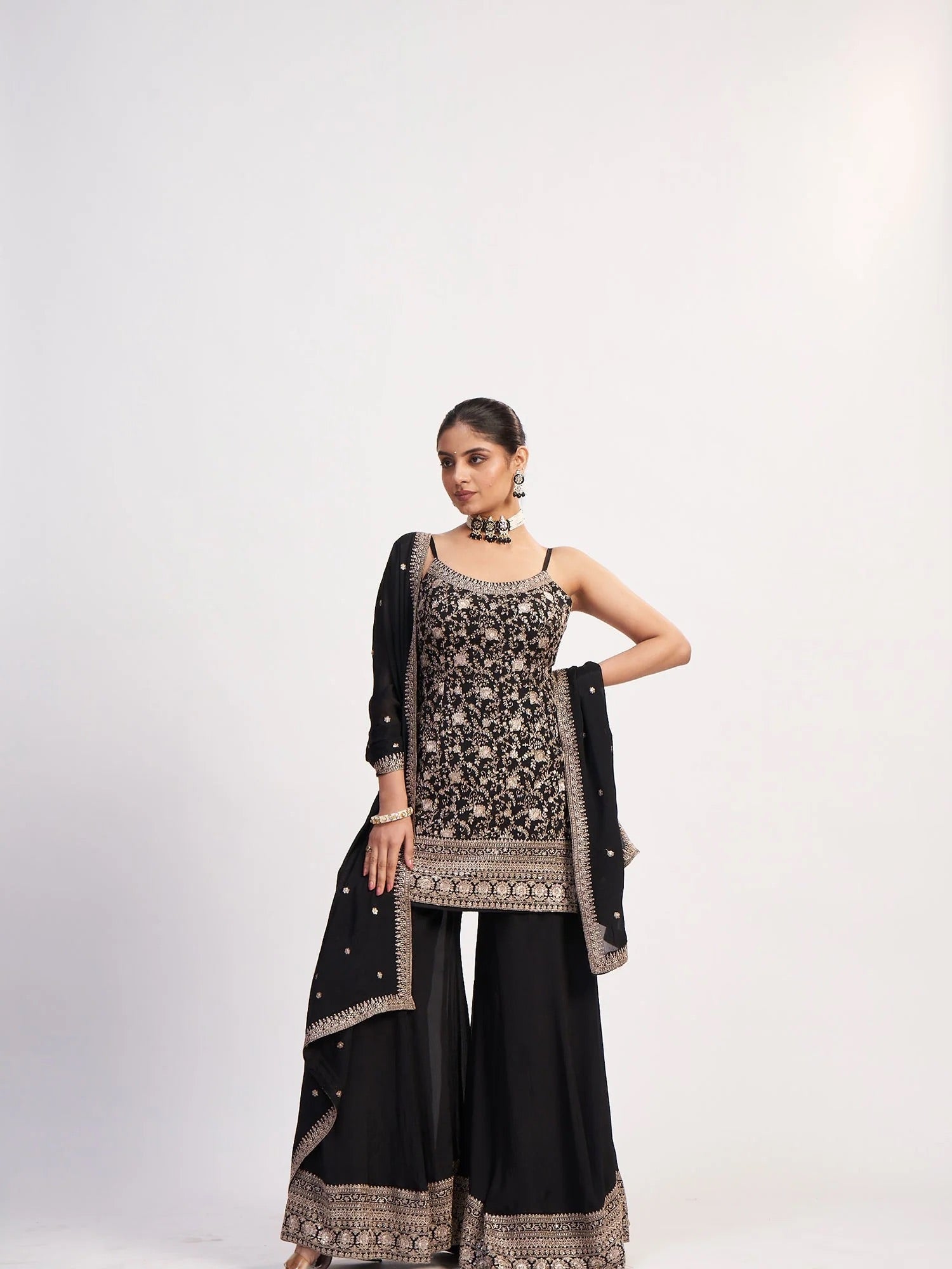 Black Embroidered Sharara Set