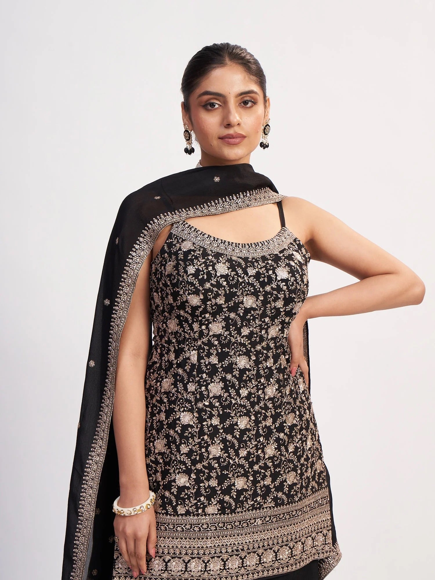 Black Embroidered Sharara Set