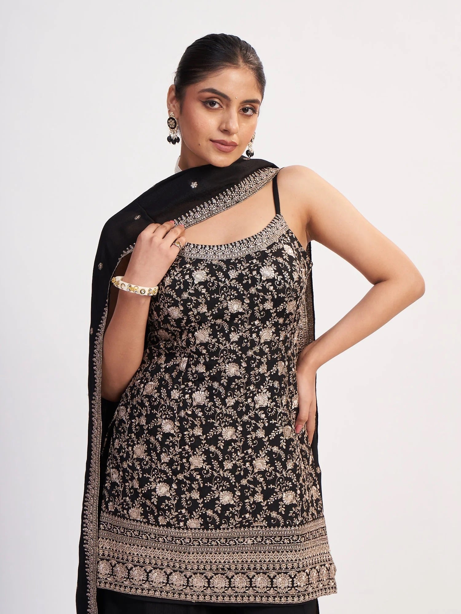 Black Embroidered Sharara Set