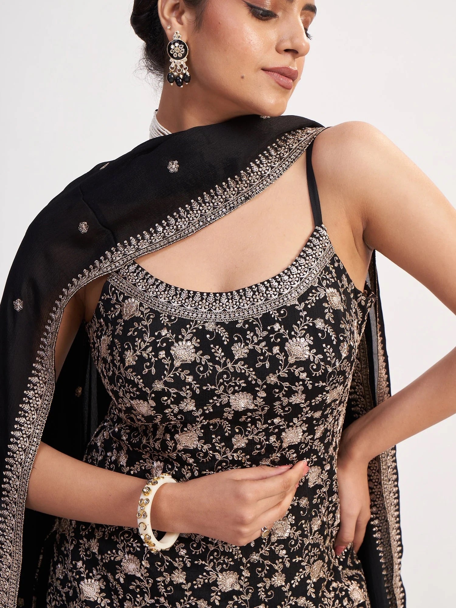 Black Embroidered Sharara Set
