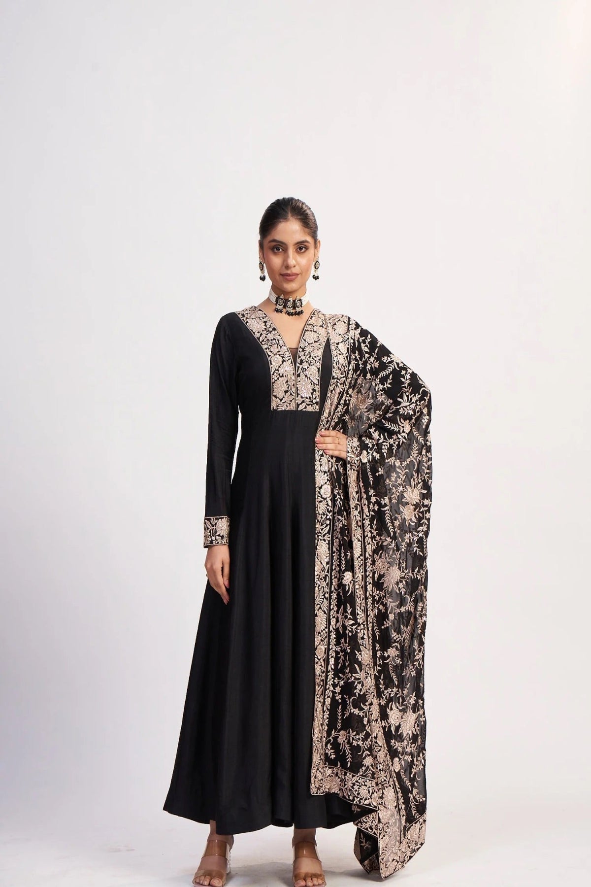 Black Chinon Threadwork Anarkali