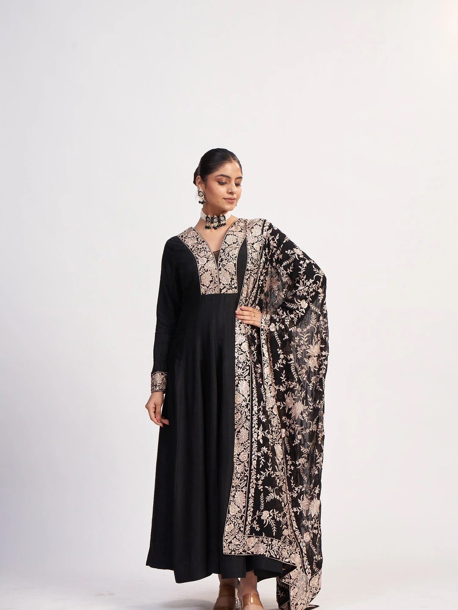 Black Chinon Threadwork Anarkali