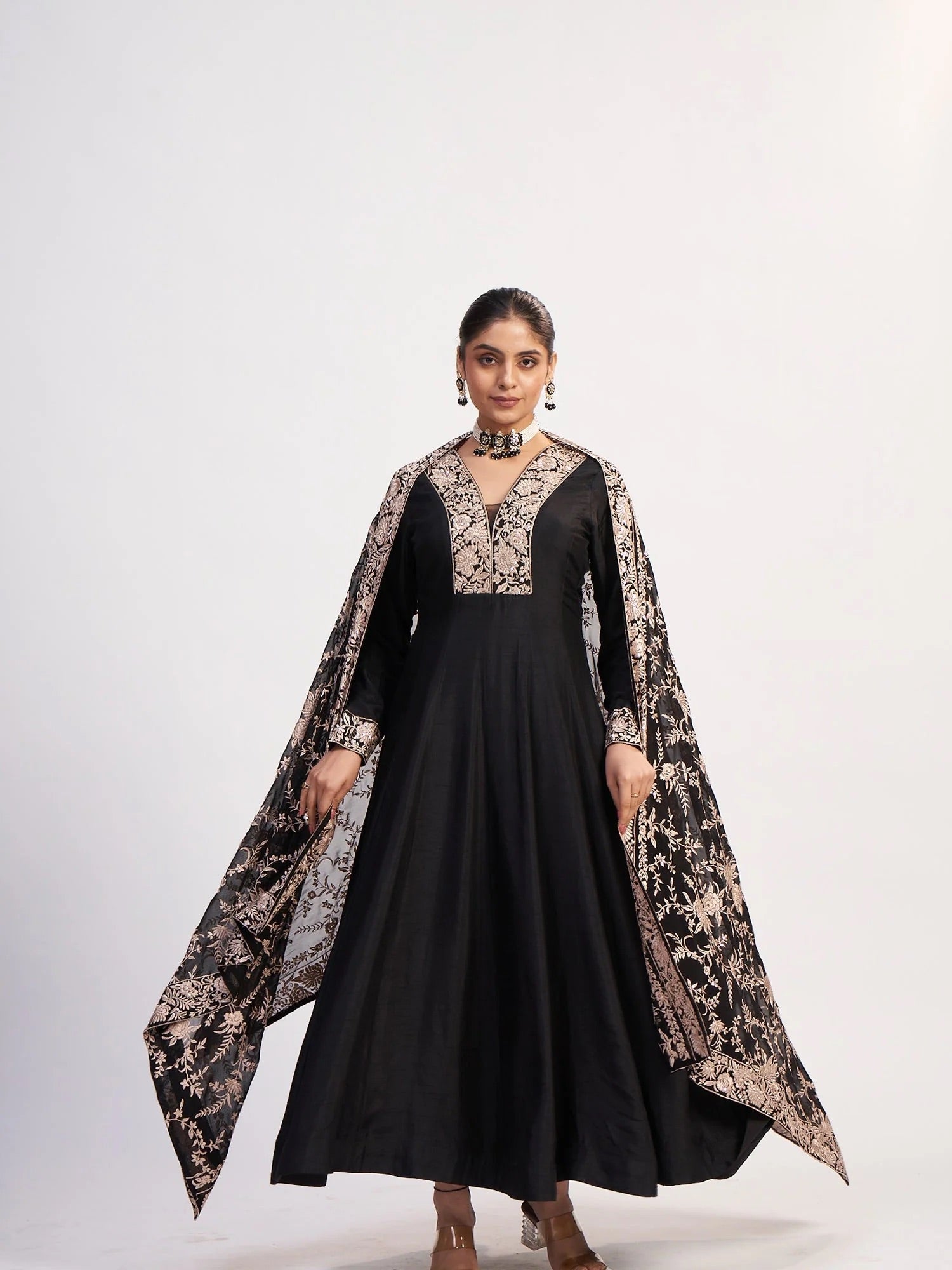 Black Chinon Threadwork Anarkali