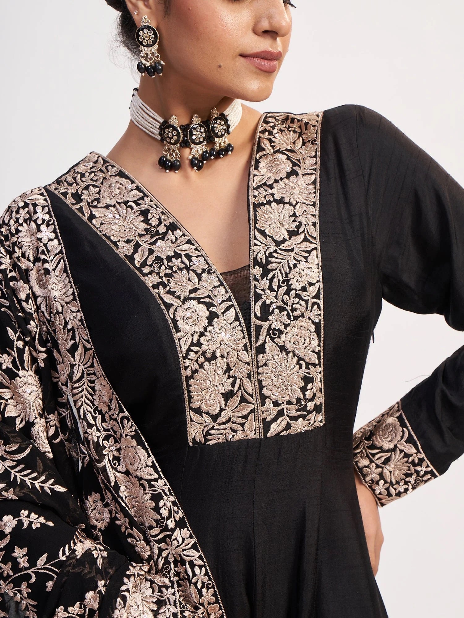 Black Chinon Threadwork Anarkali