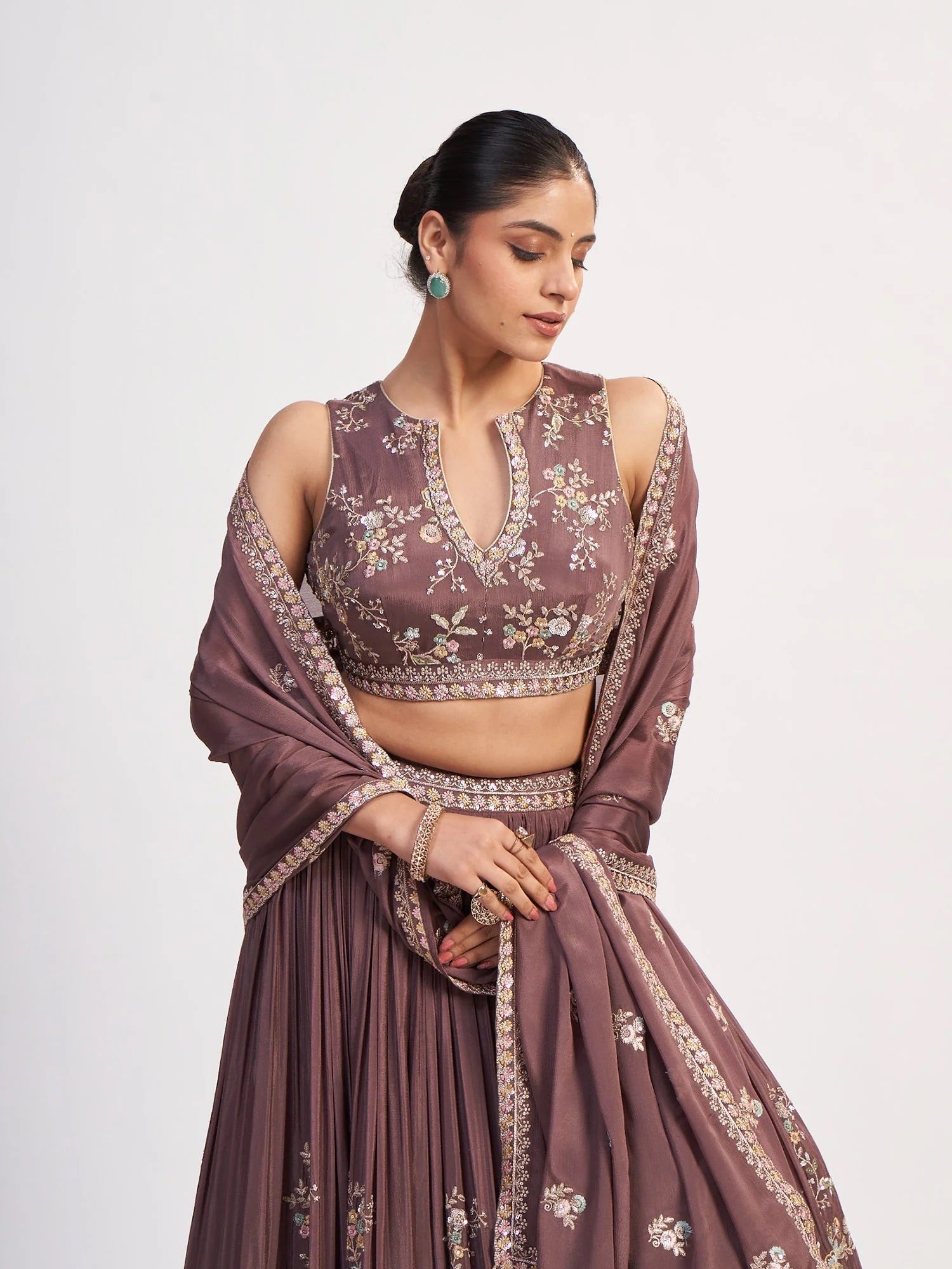 Mocha Pure Chinon Threadwork Lehenga Set