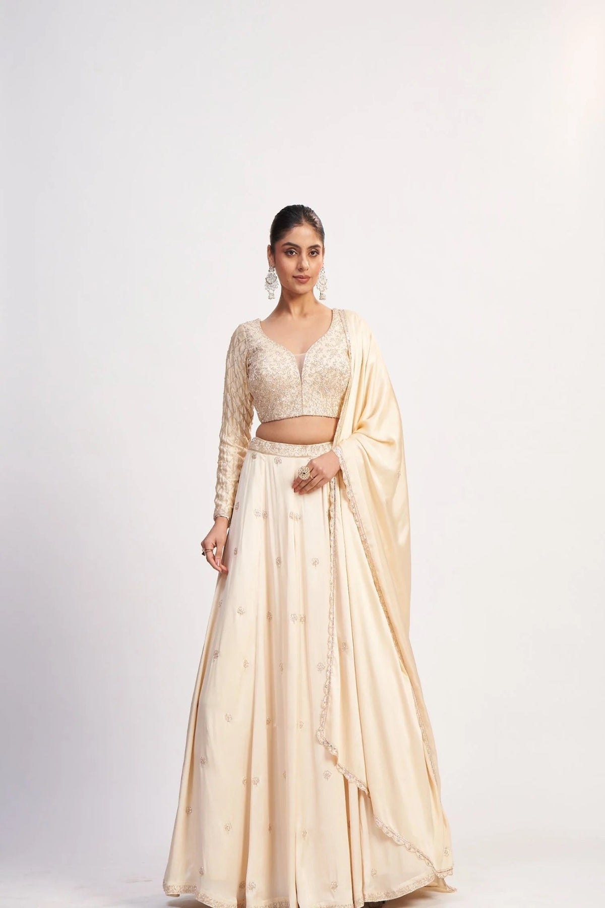 Ivory Beaded Satin Lehenga Set