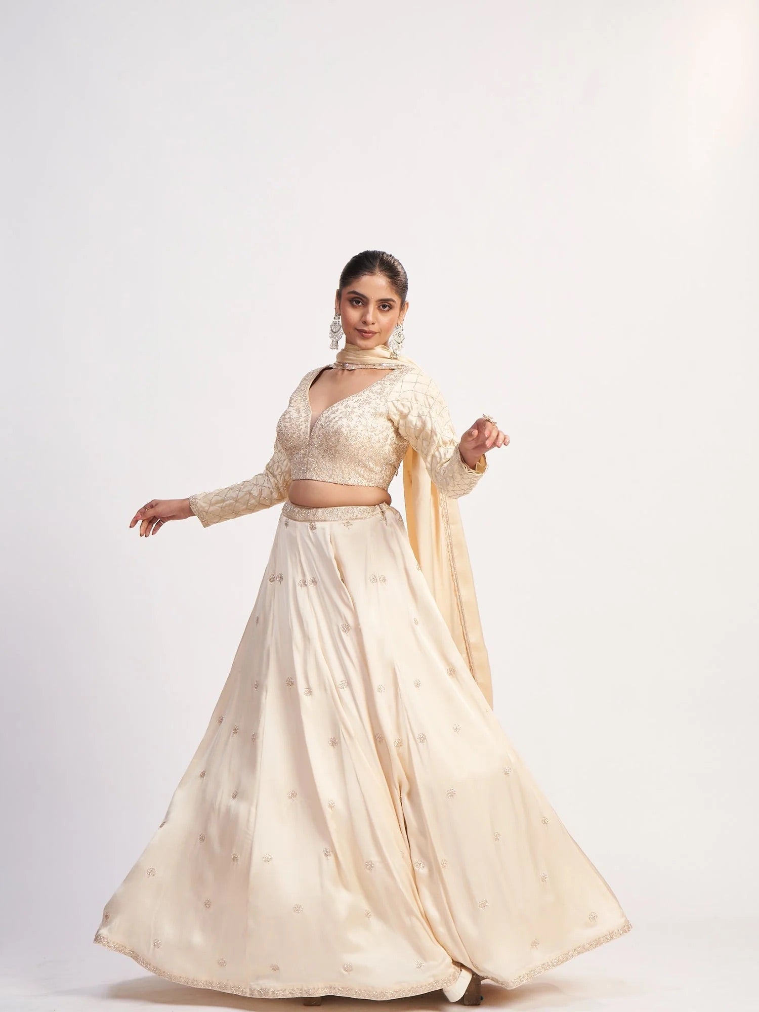 Ivory Beaded Satin Lehenga Set