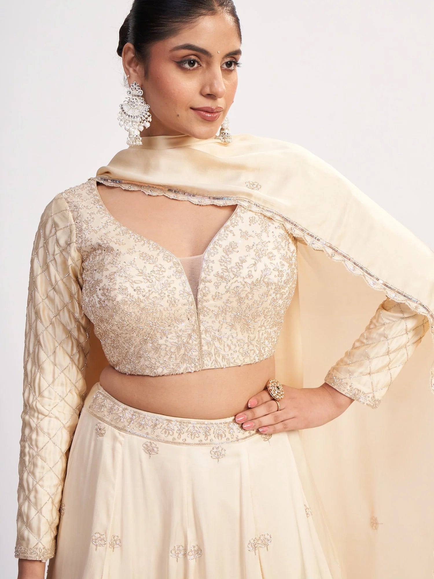 Ivory Beaded Satin Lehenga Set