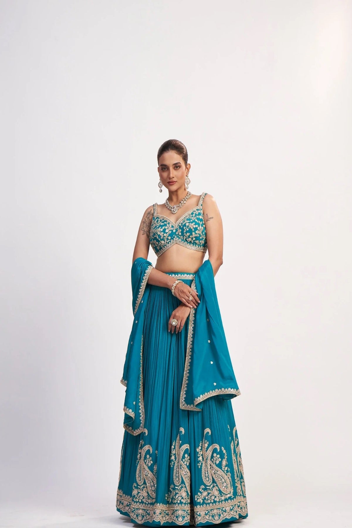 Teal Blue Chinon Sequin Lehenga