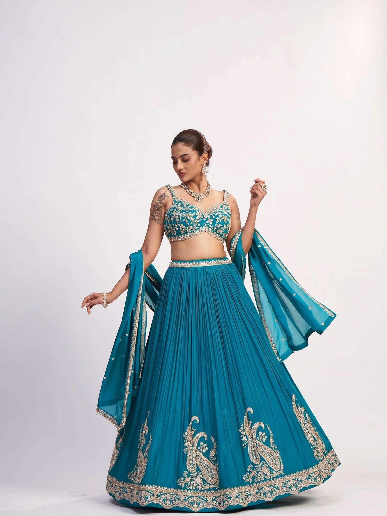 Teal Blue Chinon Sequin Lehenga