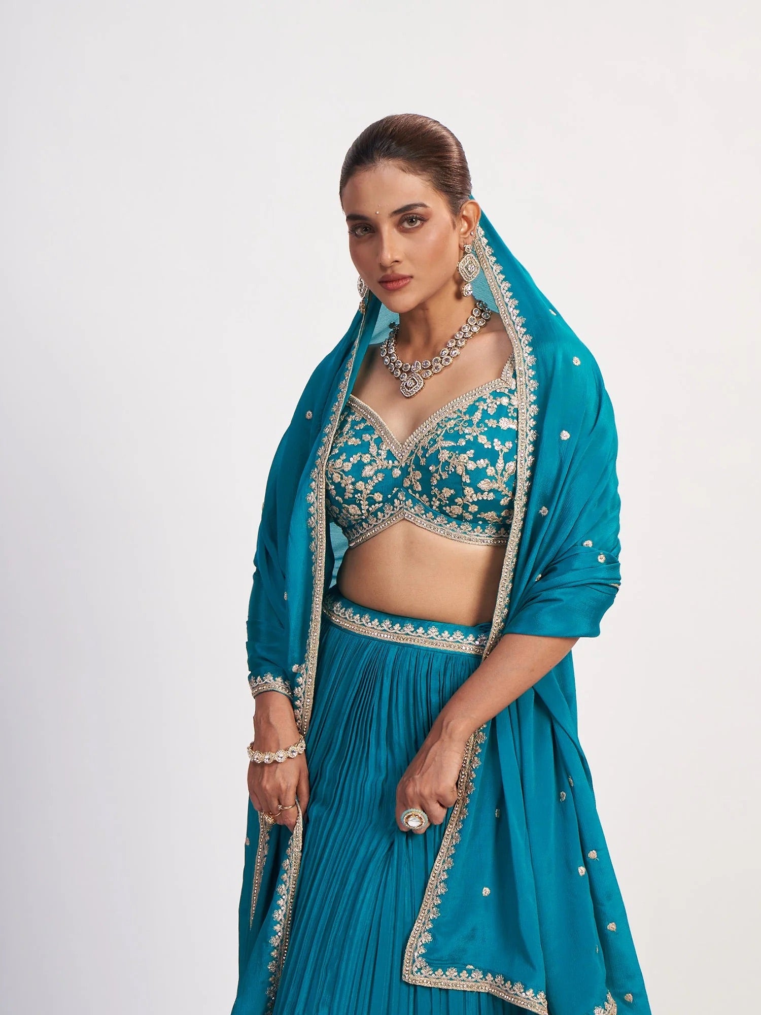 Teal Blue Chinon Sequin Lehenga