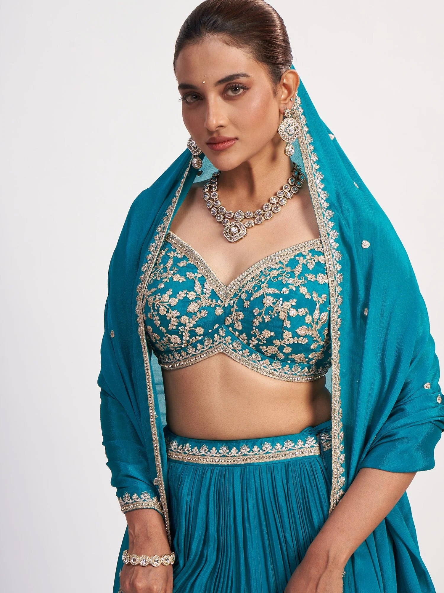 Teal Blue Thread Embroidered Lehenga