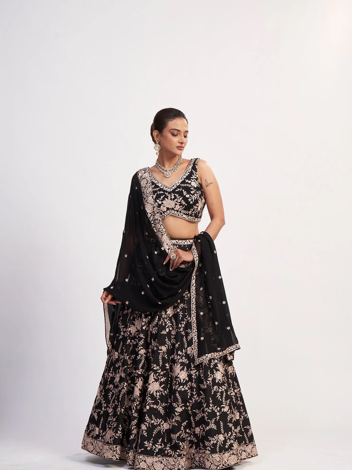 Black and Gold Thread Embroidered Lehenga