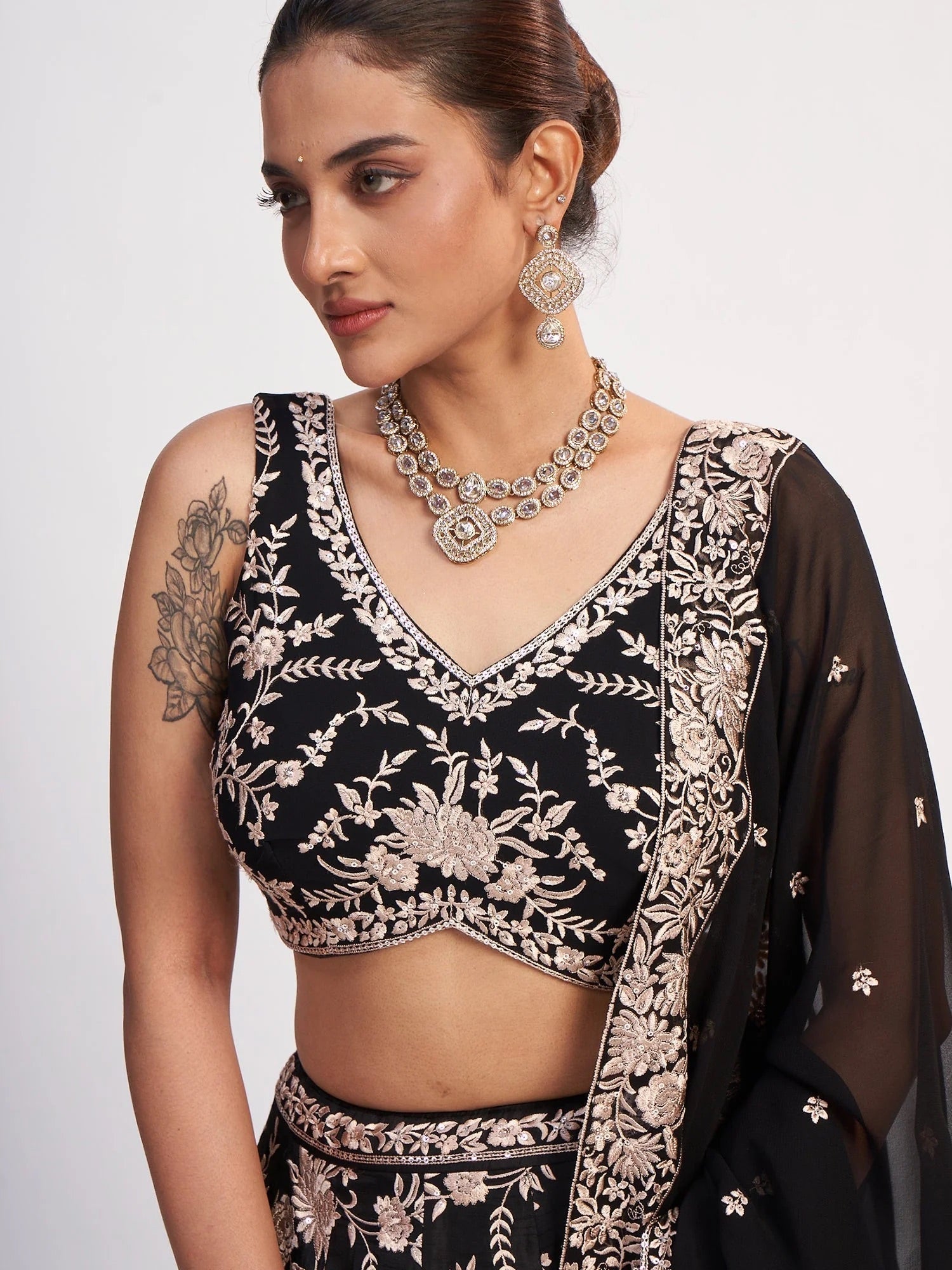 Black and Gold Thread Embroidered Lehenga