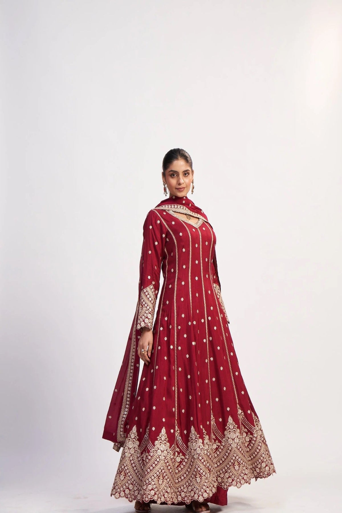 Maroon Satin Embroidered Anarkali Suit