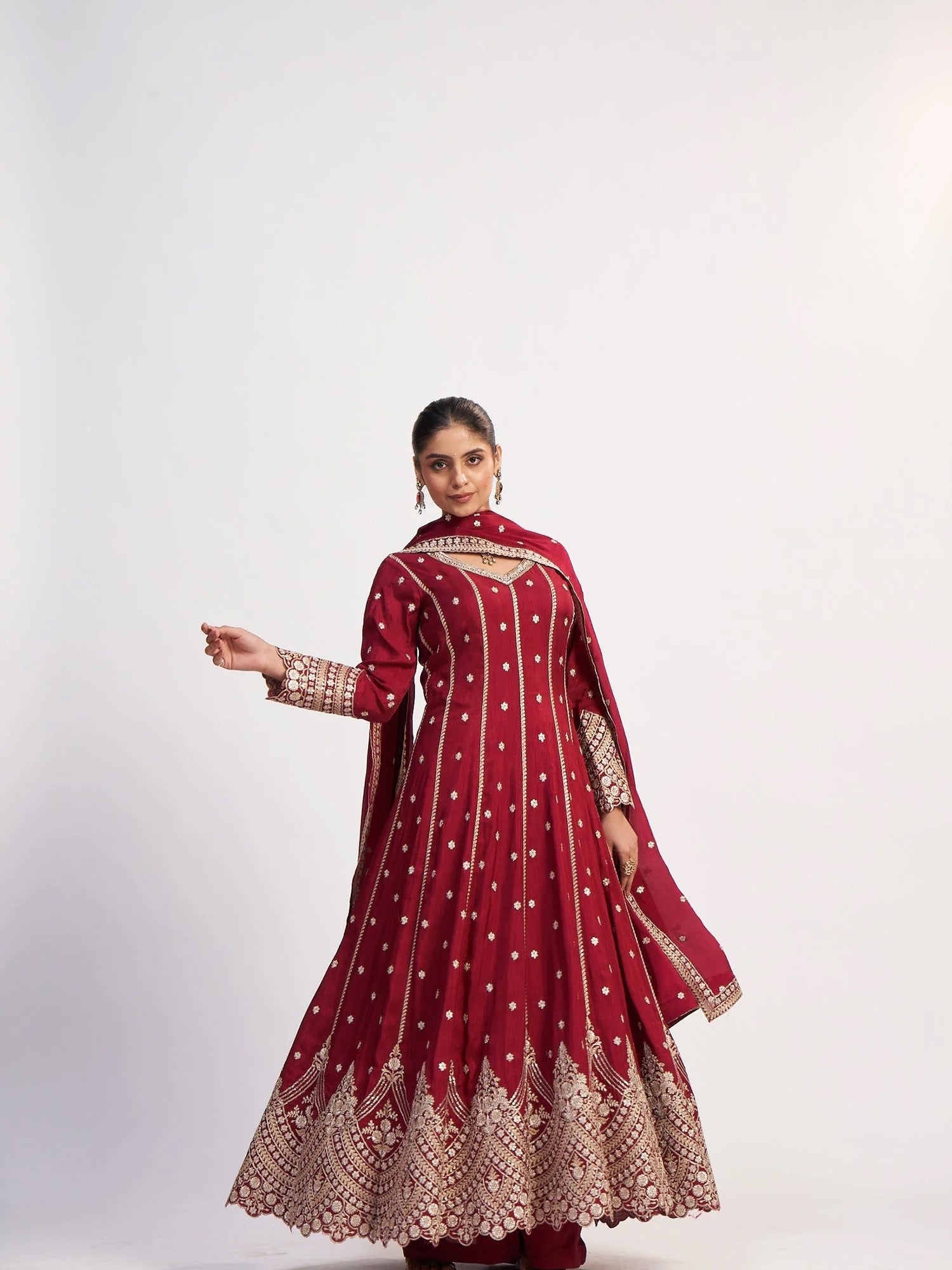 Maroon Satin Embroidered Anarkali Suit