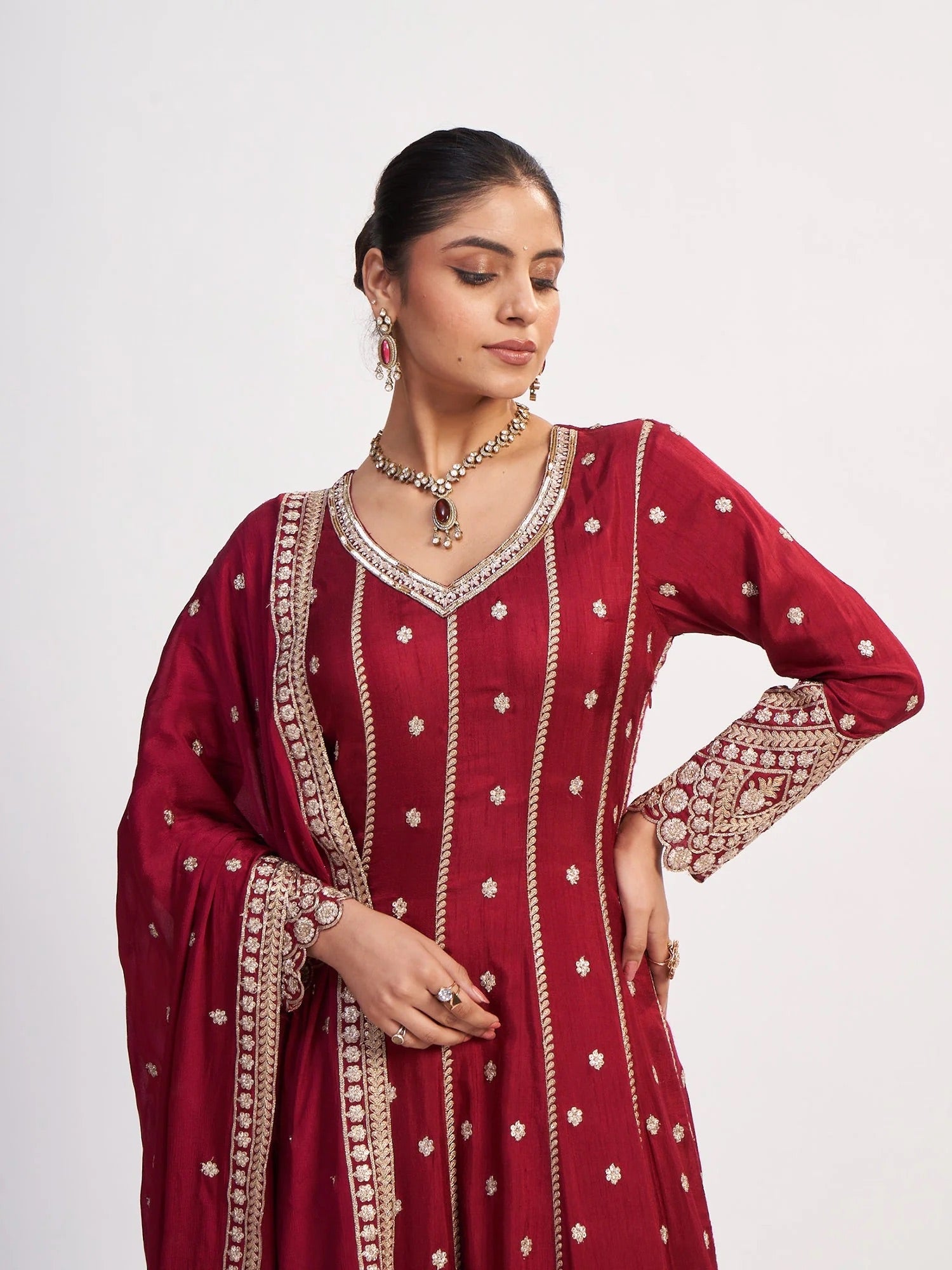 Maroon Satin Embroidered Anarkali Suit