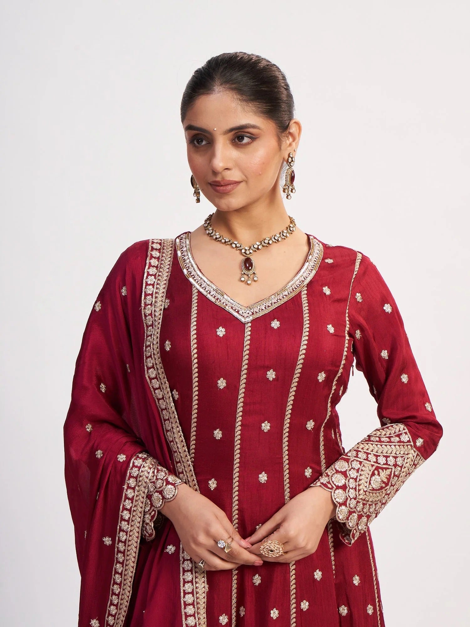 Maroon Satin Embroidered Anarkali Suit