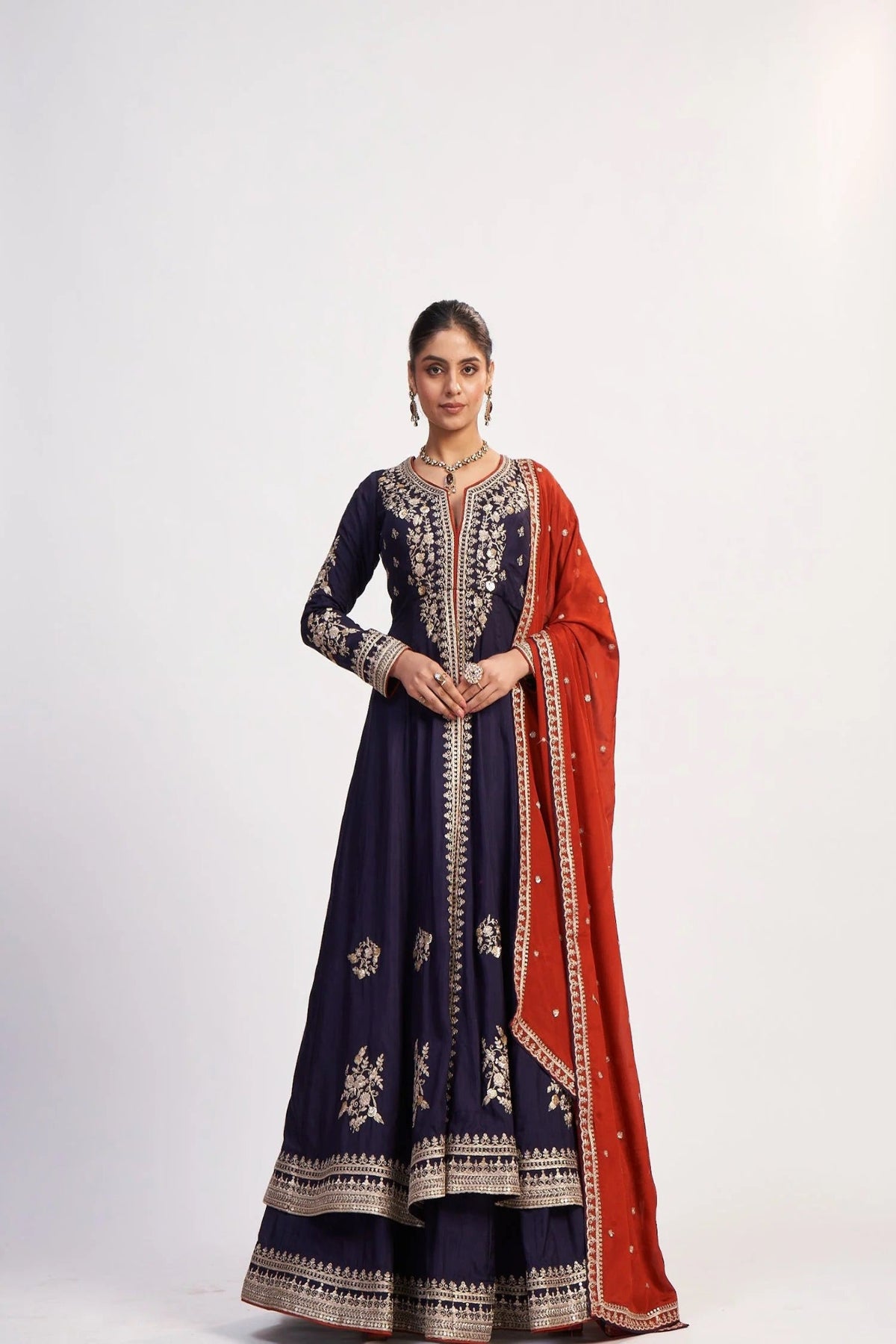 Dark Purple Pure Chinon Suit with Red Dupatta