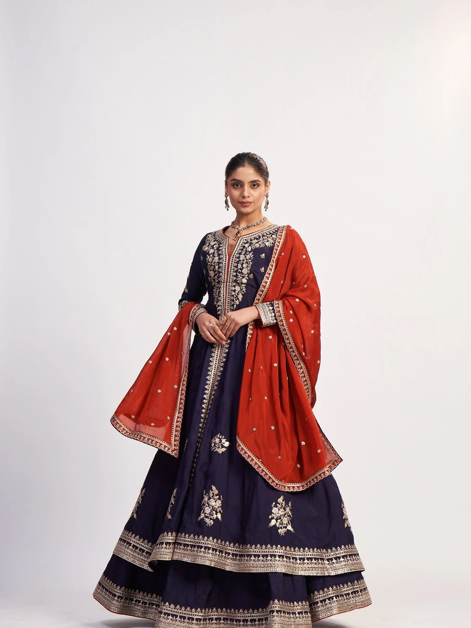 Dark Purple Pure Chinon Suit with Red Dupatta