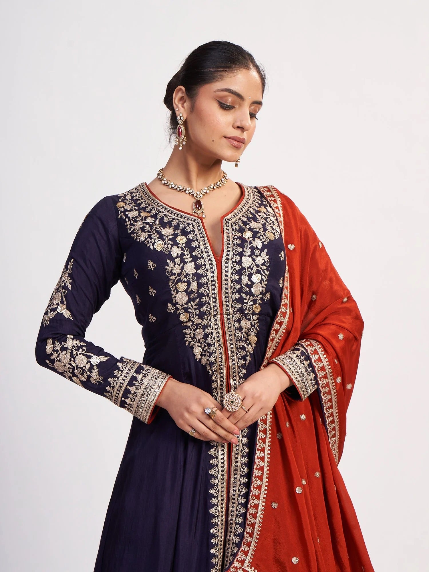 Dark Purple Pure Chinon Suit with Red Dupatta