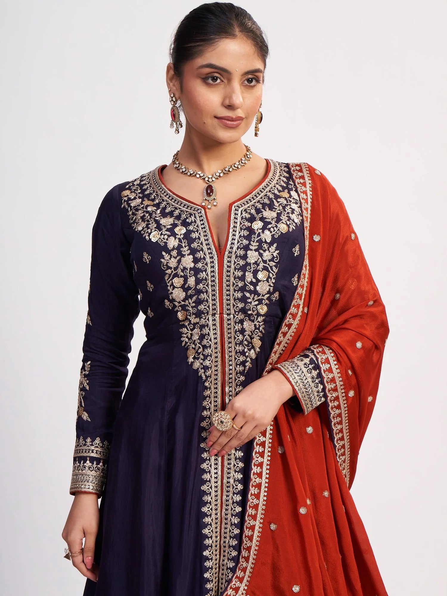 Dark Purple Pure Chinon Suit with Red Dupatta
