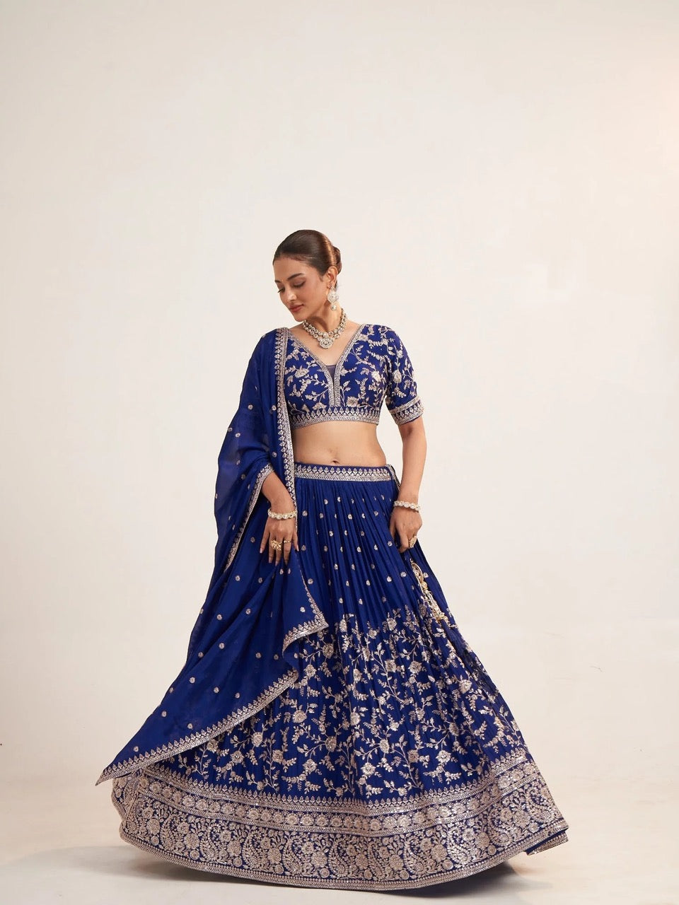Royal Blue Thread Embroidered Lehenga
