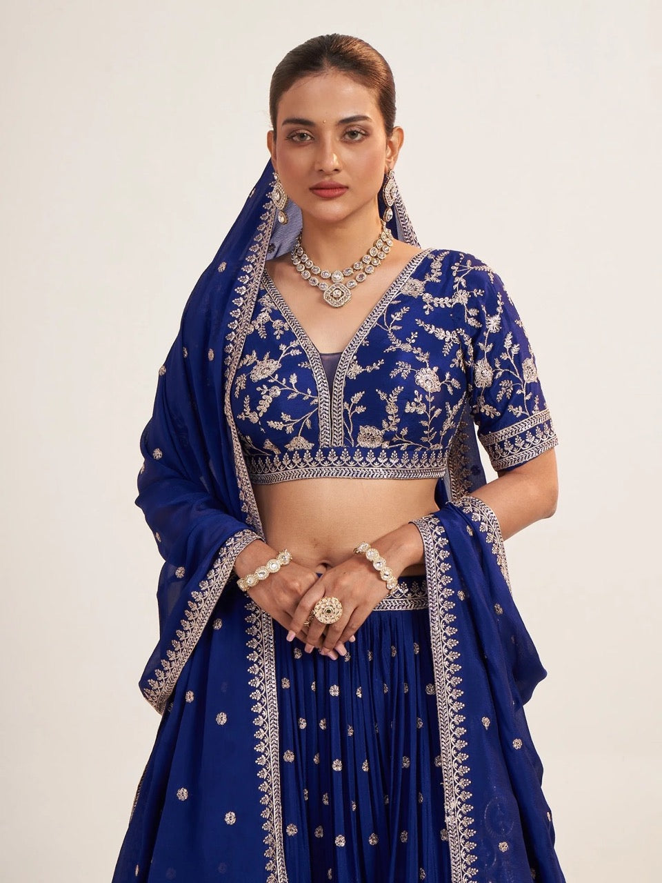 Royal Blue Thread Embroidered Lehenga