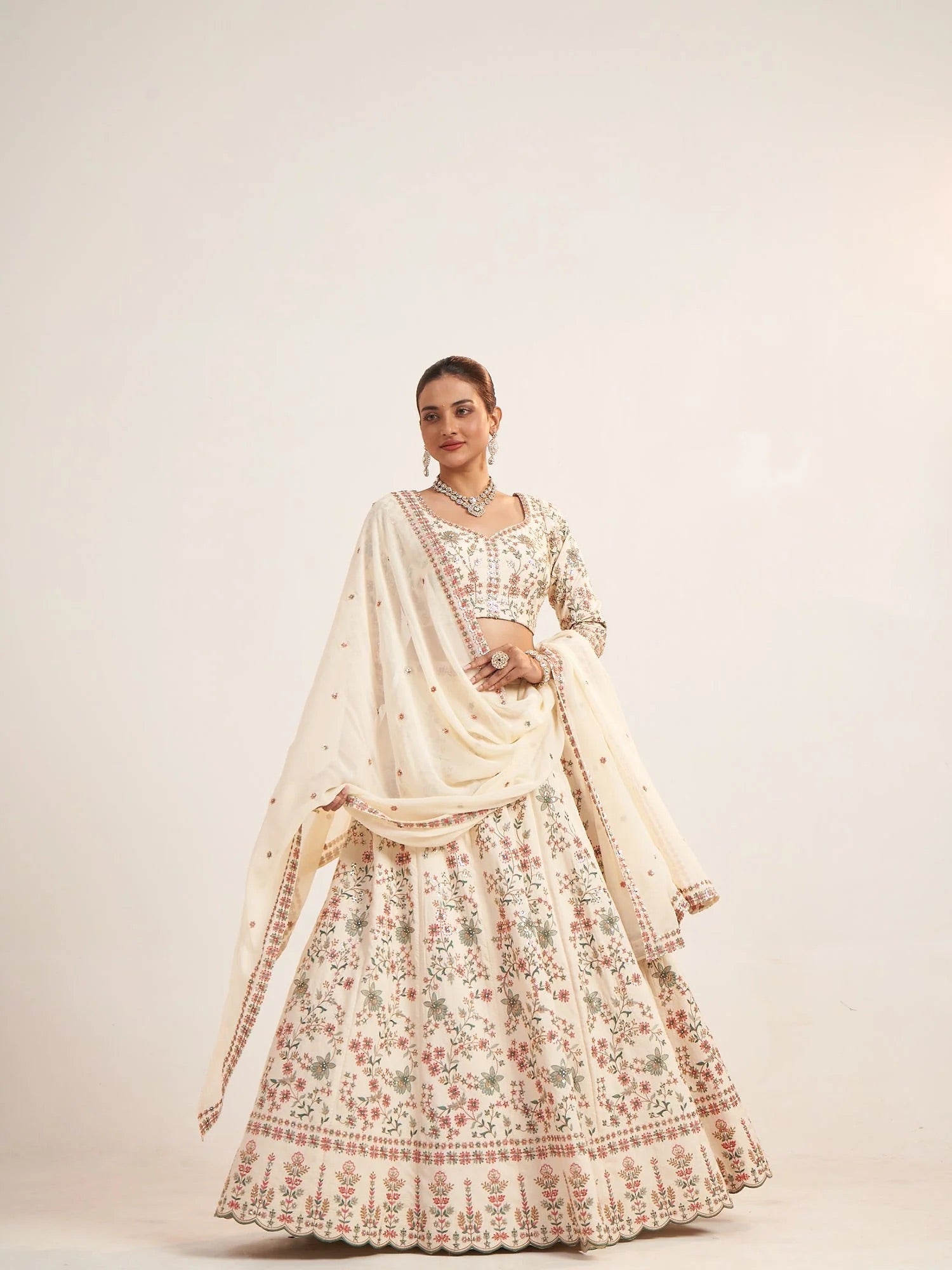 Ivory Threadwork Embroidered Lehenga