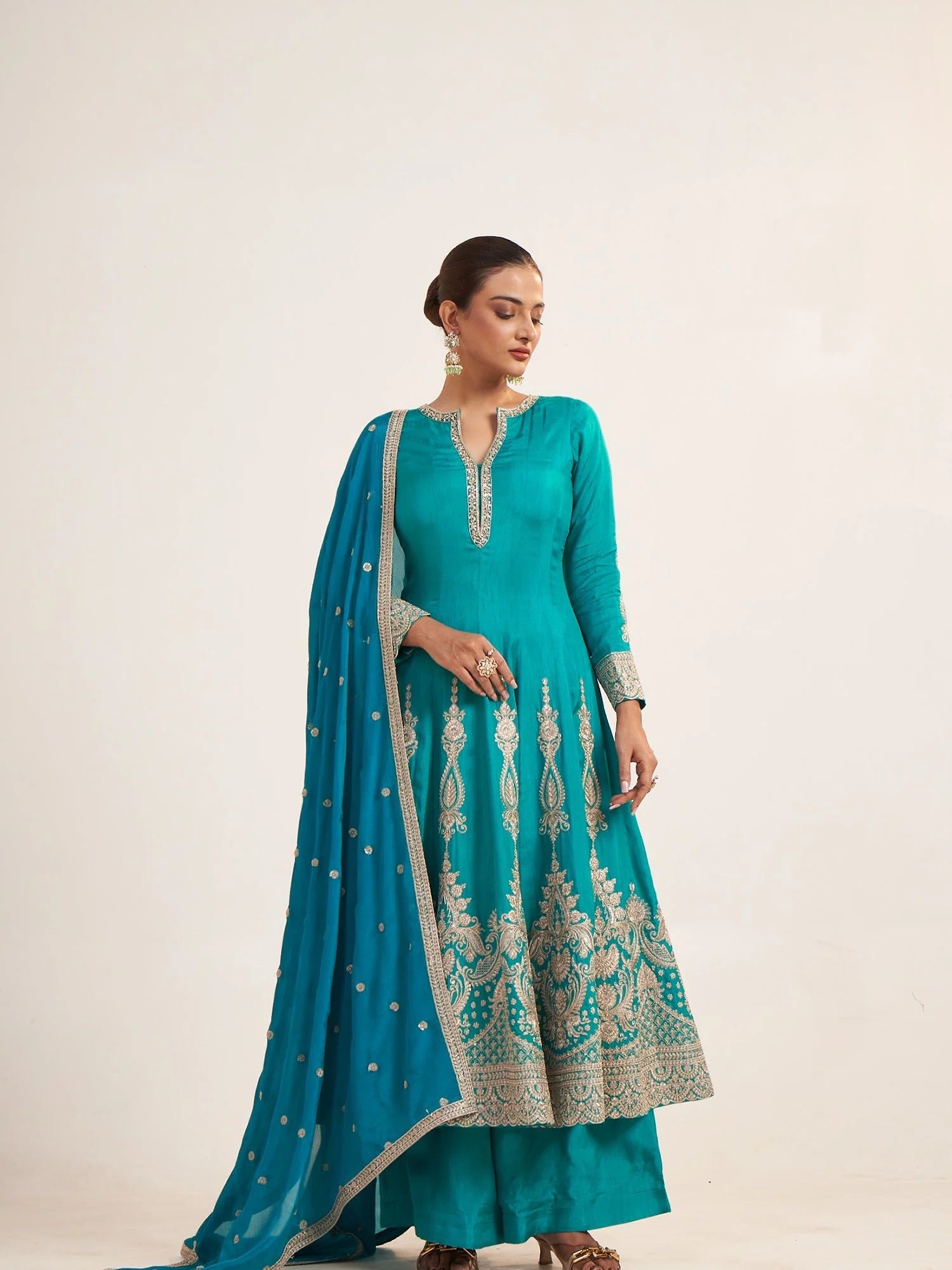 Turquoise Thread Embroidered Anarkali Suit