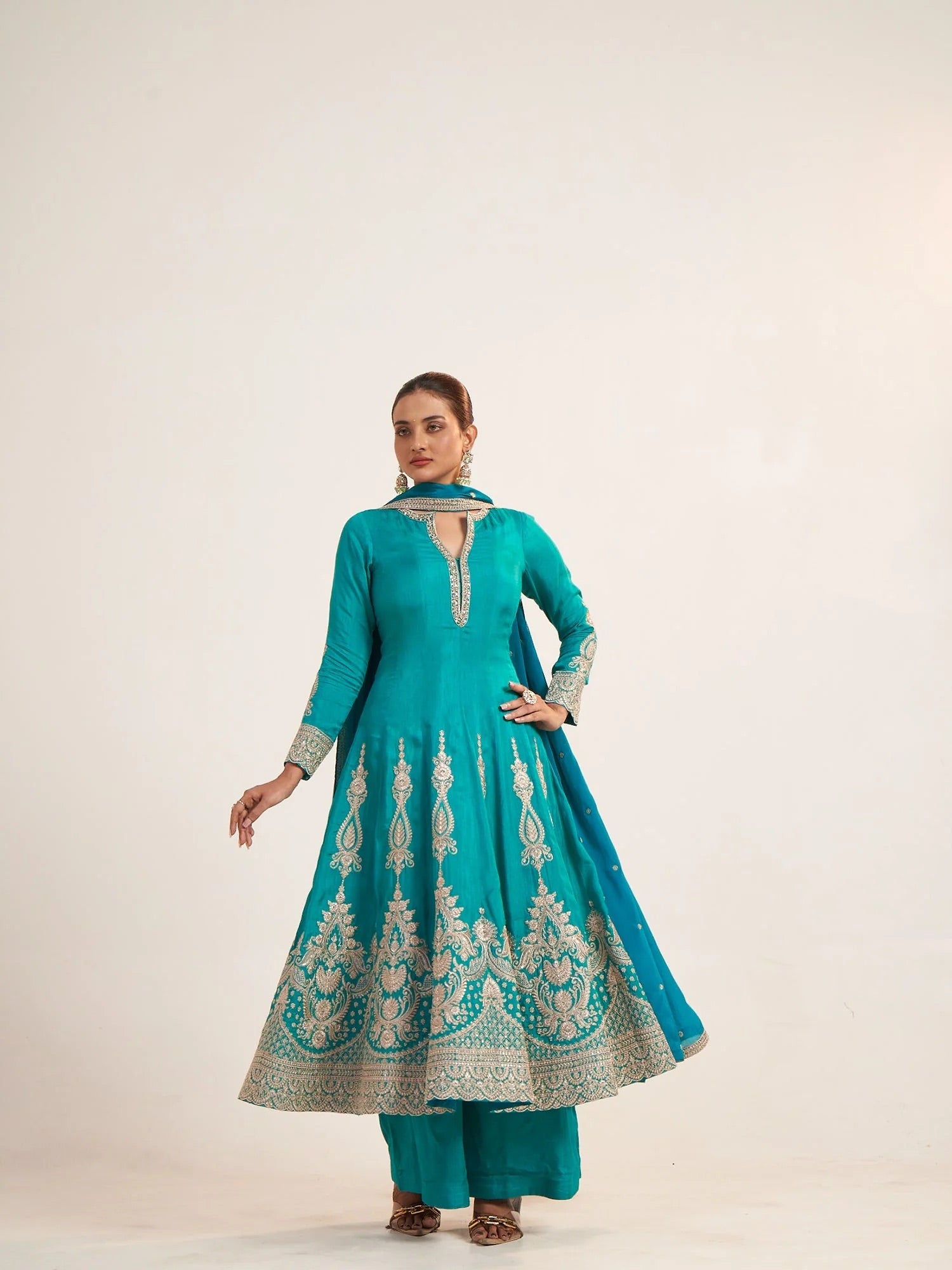Turquoise Thread Embroidered Anarkali Suit