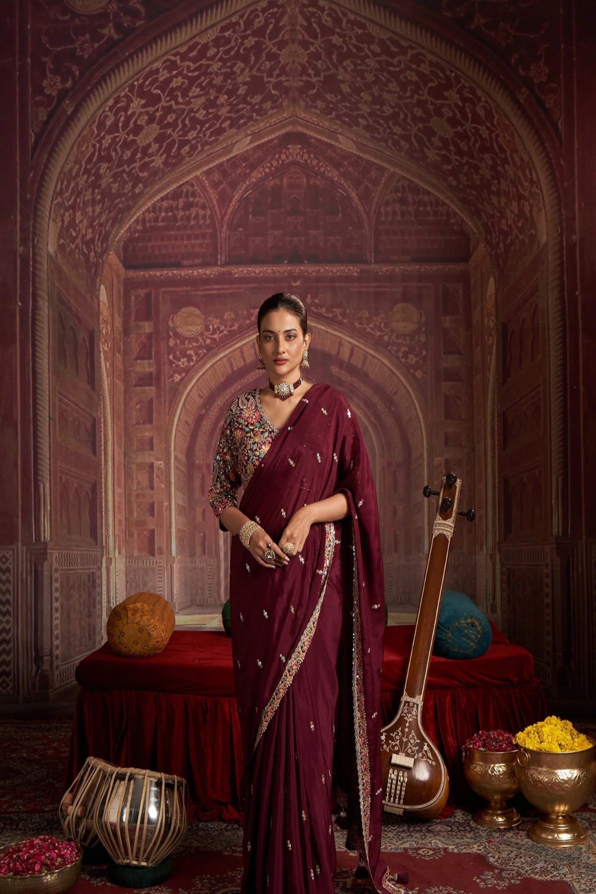 Maroon Embroidered Saree