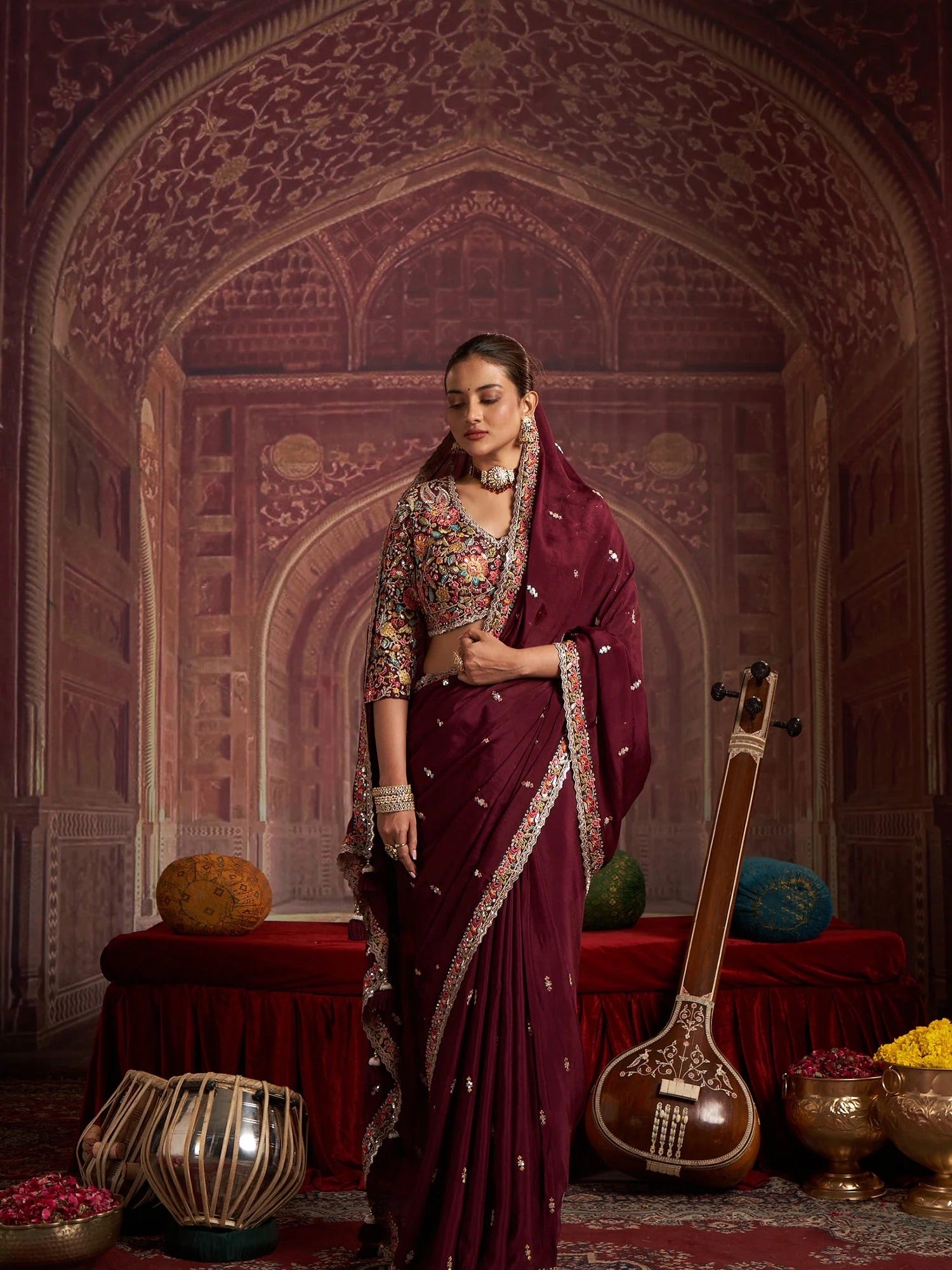 Maroon Embroidered Saree
